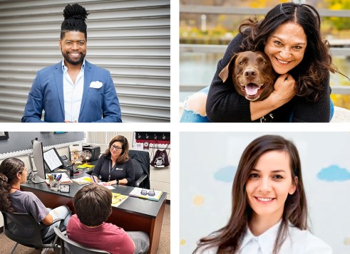 A collage of four photos shows different professionals: a smiling man in a blue suit, a woman hugging a brown dog outdoors, a school counselor talking with two students at her desk, and a woman in a white blouse smiling in front of a light background with colorful circles.
